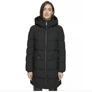 DKNY Black Puffer Puffy Puff Lightweight Coat Parka Jacket + Hood XS NEW